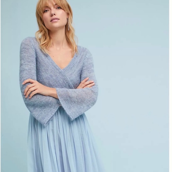 Anthropologie Maeve Arabesque Blue Tulle Layered Mohair Sweater Midi Dress XSP - Picture 3 of 10
